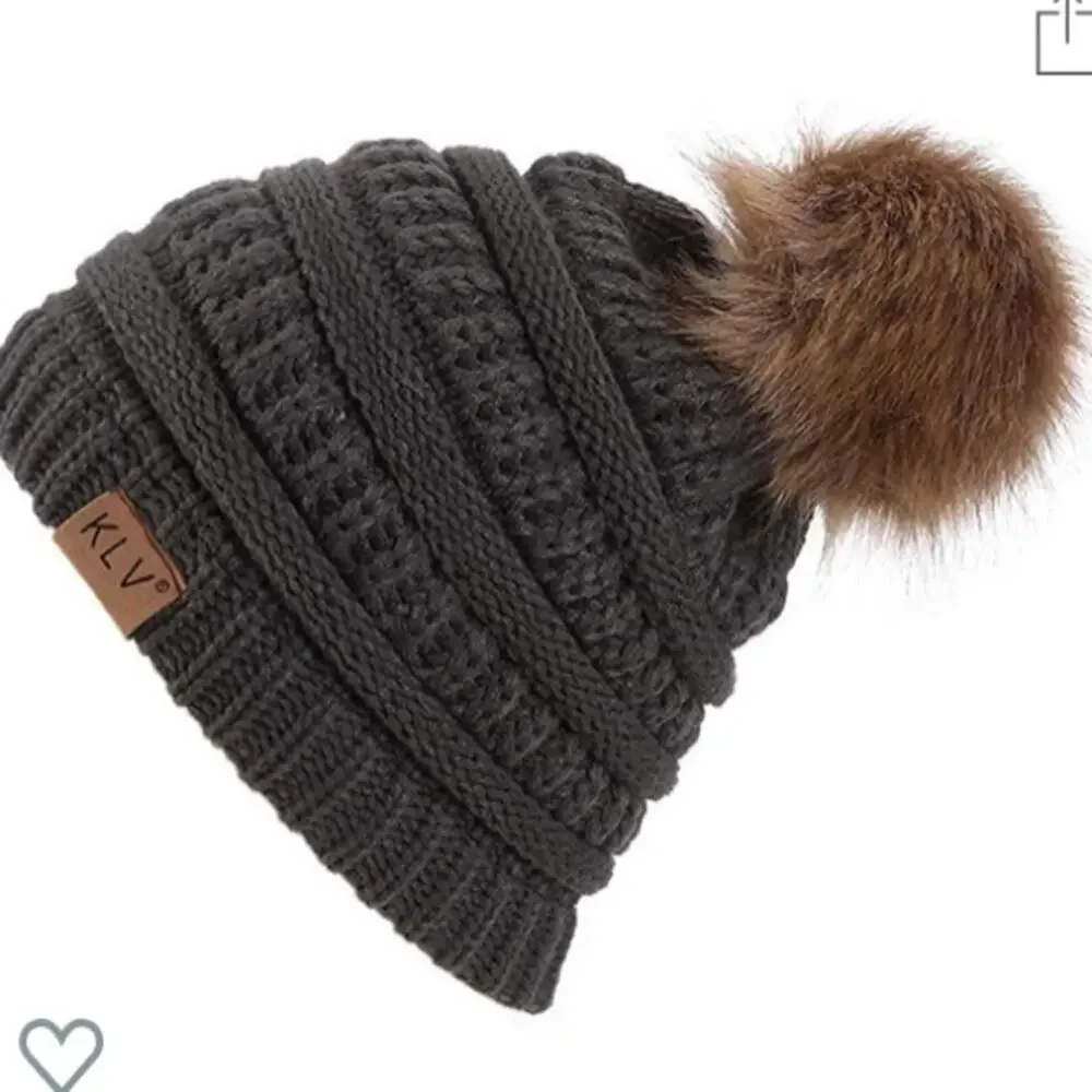 klv Gray knit style beanie with faux fur Pom.
